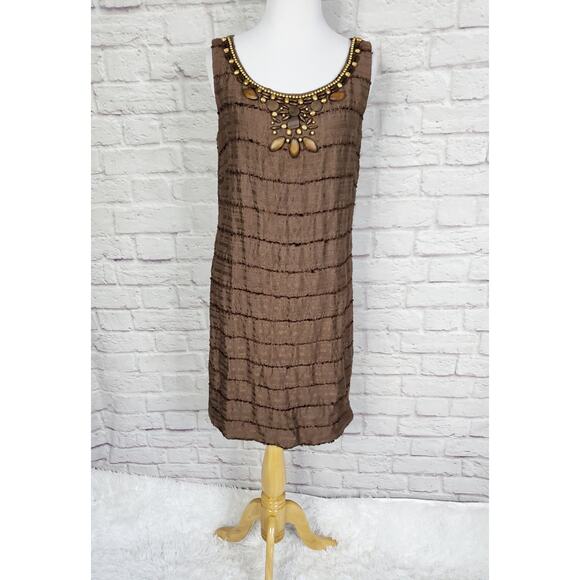 Eliza J Brown Silk Blended Dress Beaded Scoop Neck Back Zipper Size 8 - Picture 1 of 12